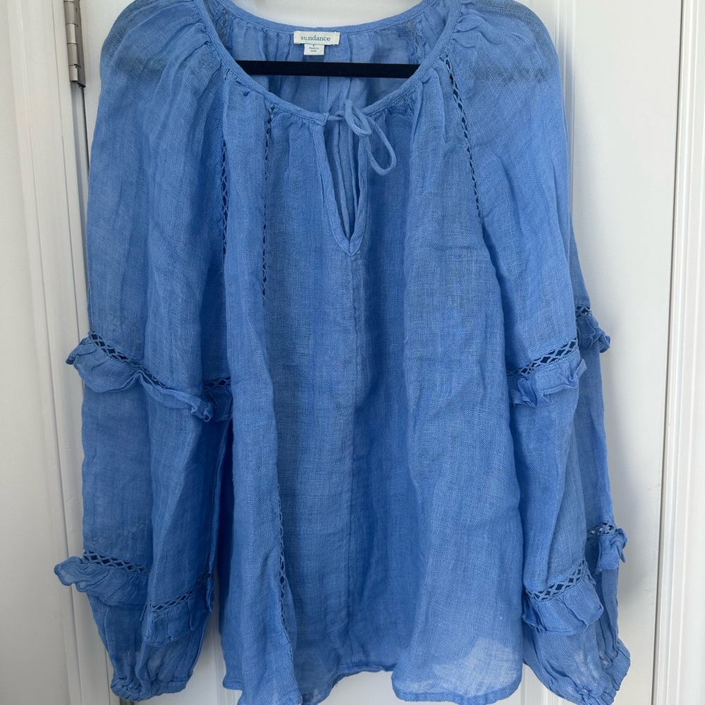 Sundance Blue Blouse Tassel Tie Ruffle Balloon Sleeve